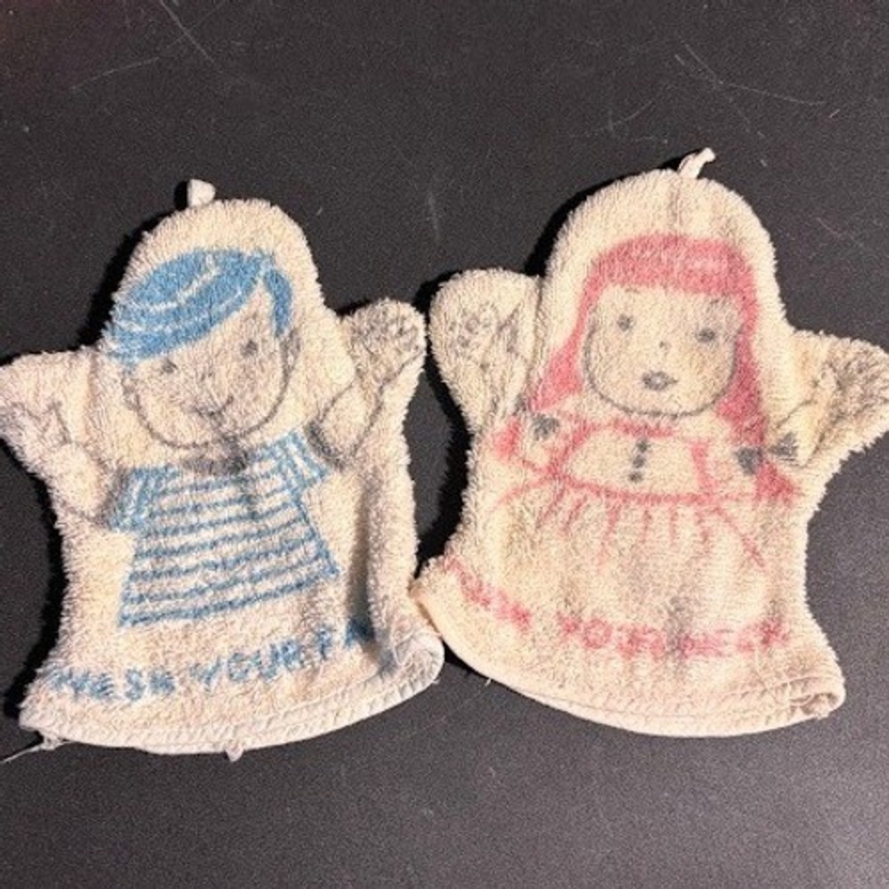 Vintage Puppet Style Washcloths Set‎ Boy Girl Wash Your Face Neck Terry Cloth
